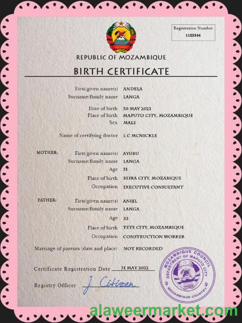 Mozambique birth certificate PSD template